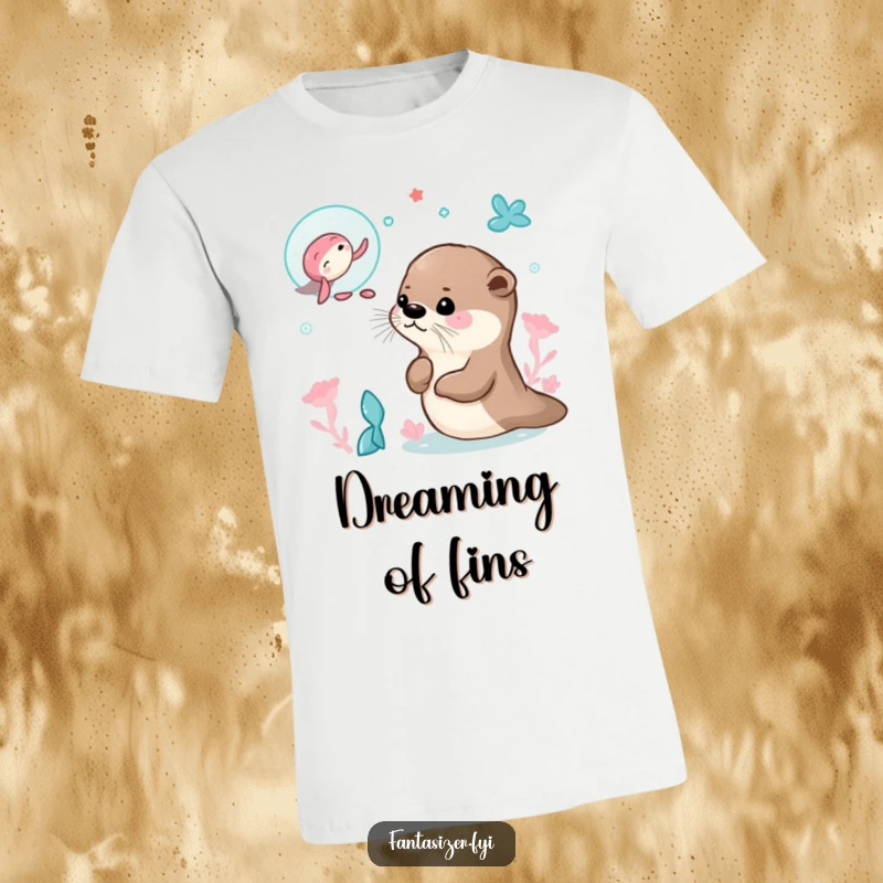 Funny t-shirt featuring a curious otter daydreaming about swimming with mermaids in a fantastical ocean setting, full of wonder.