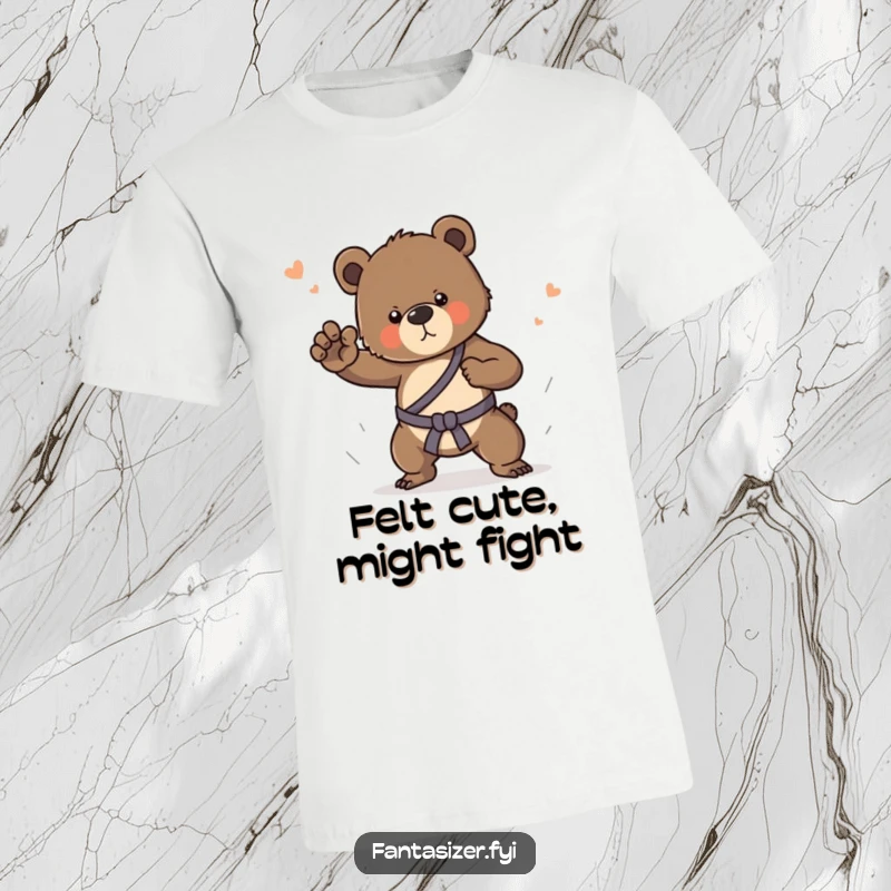 Funny t-shirt featuring a determined bear cub in a vivid dream, executing powerful martial arts poses with a determined expression.