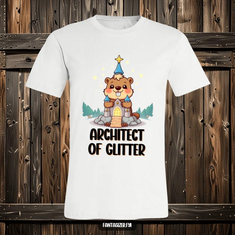 Funny beaver t-shirt showcasing a happy character constructing a magnificent glowing castle from shimmering stardust, great funny gift.