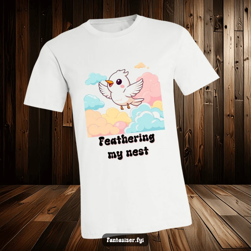 Funny t-shirt with a delighted bird character mid-flight amongst whimsical, colorful clouds, radiating pure bliss and adventure.