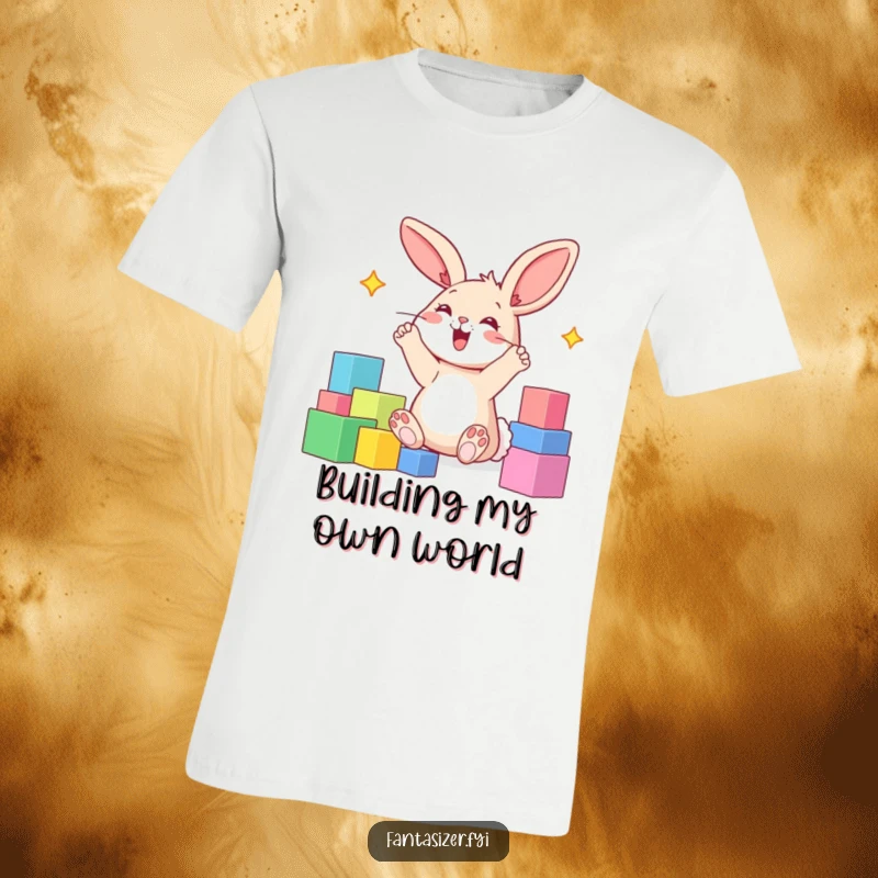 Funny t-shirt graphic of a happy bunny with its feet in the air, imagining a colorful world built of blocks.