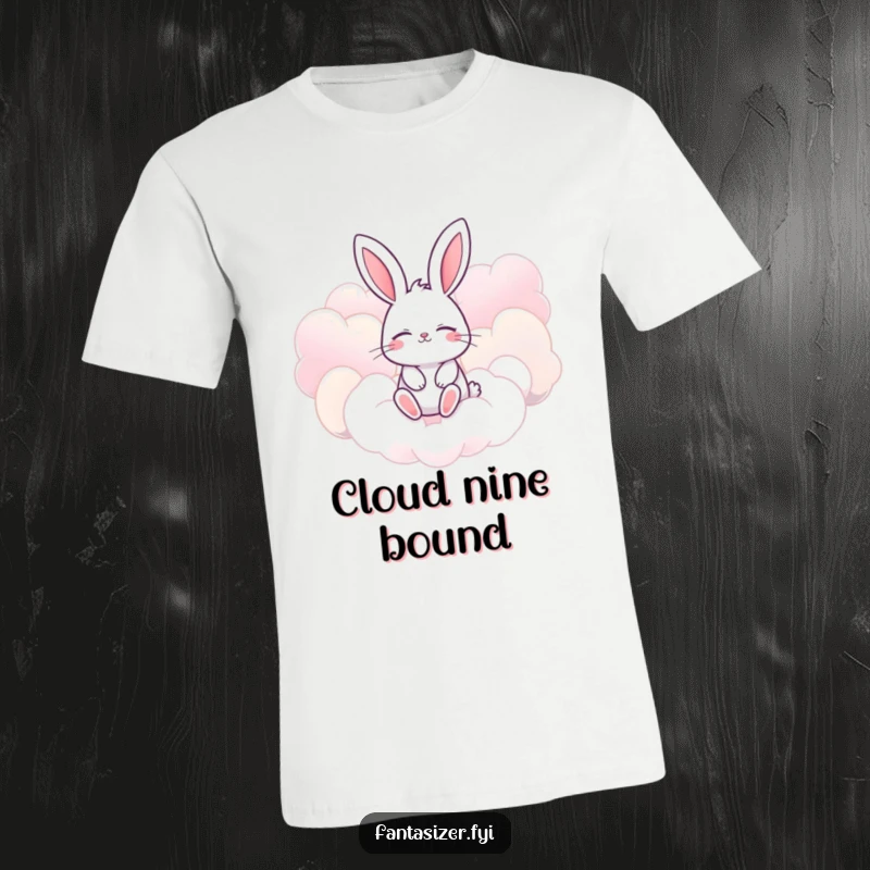 Funny bunny t-shirt with eyes closed, imagining floating amongst giant, candy-colored clouds, celebrating imagination.