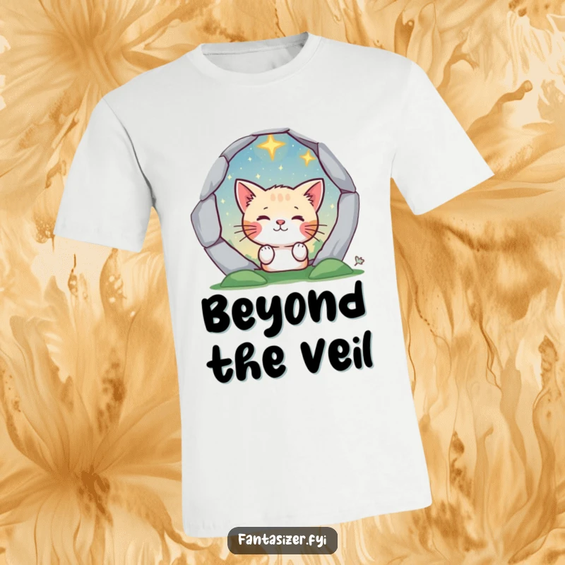 Funny cat character looking through a magical portal to a starry universe on a t-shirt, blending curiosity and fantasy.