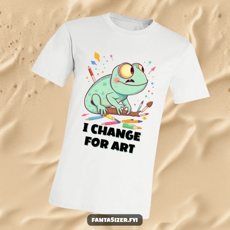 Funny, giggling chameleon visualizing a fantastical world constructed from colorful paints, brushes, and crayons, a creative tee.