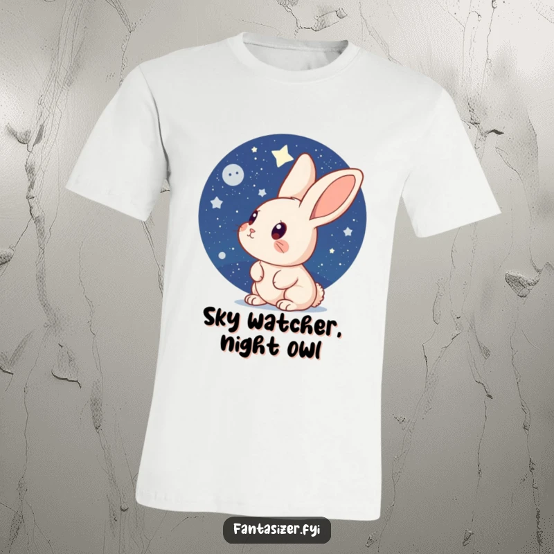 Funny Rabbit T-Shirt: A curious rabbit gazes intently at a brilliant, star-studded night sky, sparking a sense of cosmic exploration.