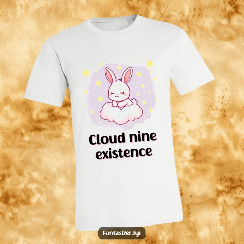 Funny t-shirt featuring a dreaming rabbit contentedly floating on a cloud adorned with numerous stars, celebrating peace and imagination.