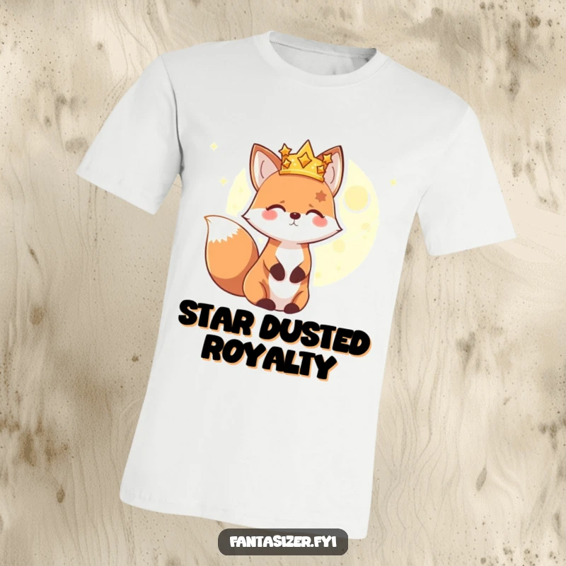 Funny t-shirt featuring a happy fox wearing a sparkling crown made of stars, looking towards a luminous, distant planet, celebrating exploration and dreams.
