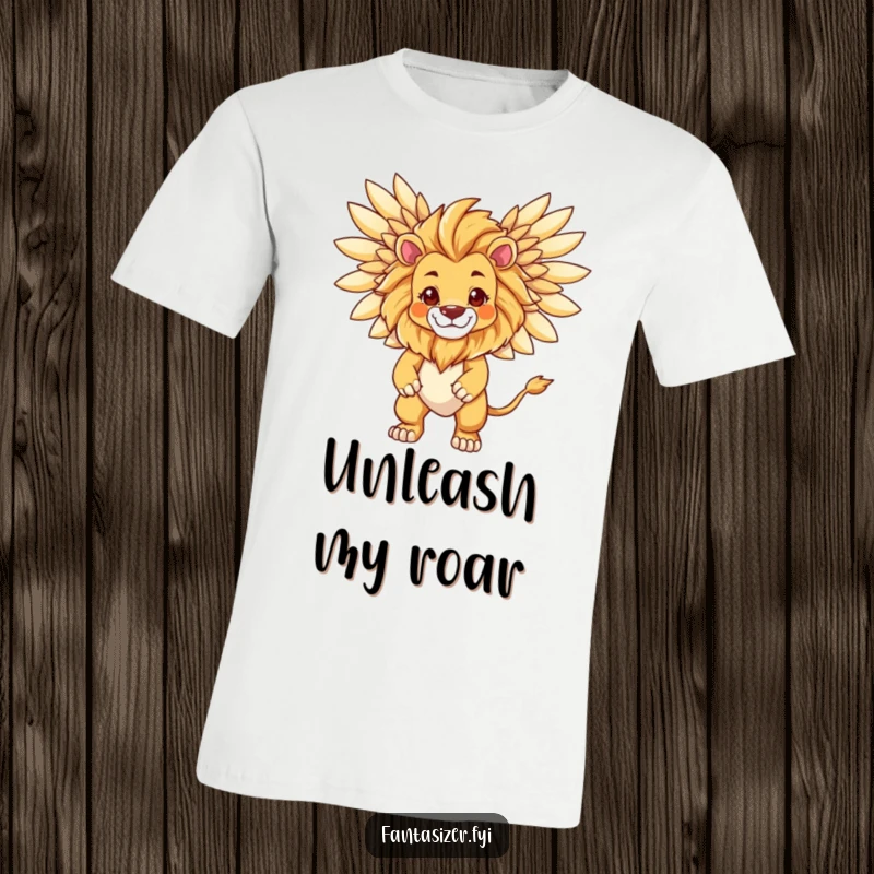 Funny Lion Metamorphosis T-Shirt, a proud lion transforming into a majestic winged creature, conveying strength and humor.