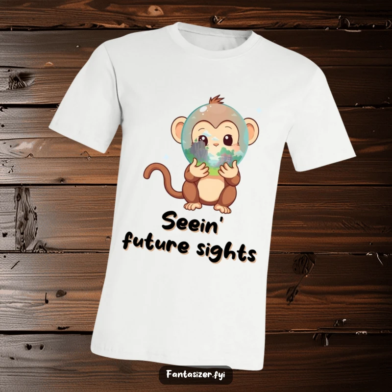 Funny Monkey T-Shirt: Curious monkey peeks into a magic crystal ball revealing a hidden fantasy landscape, ideal funny gift apparel.