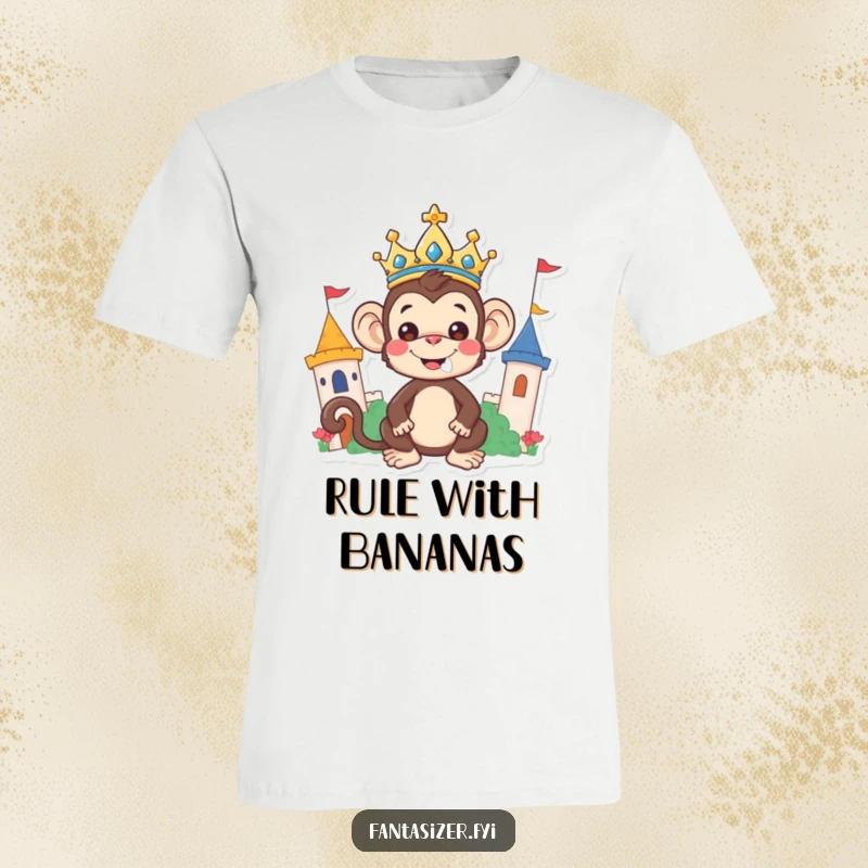 Funny Monkey T-Shirt: A cheerful monkey adorned with a crown happily governs a vibrant, fantasy kingdom, exuding regal fun.