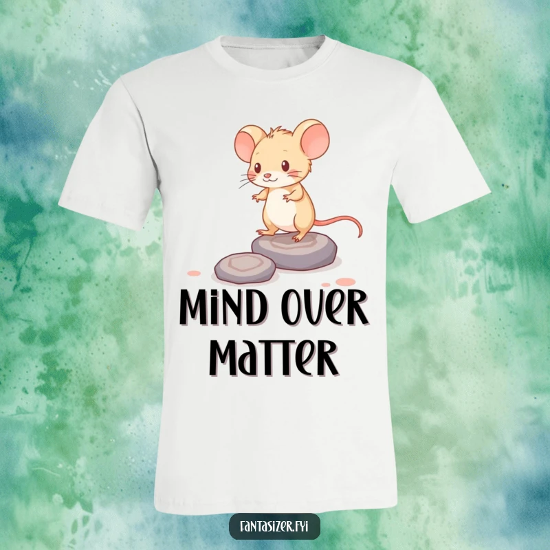 Funny t-shirt: a brave mouse walks on stepping stones formed from swirling thoughts, symbolizing mental journeys.