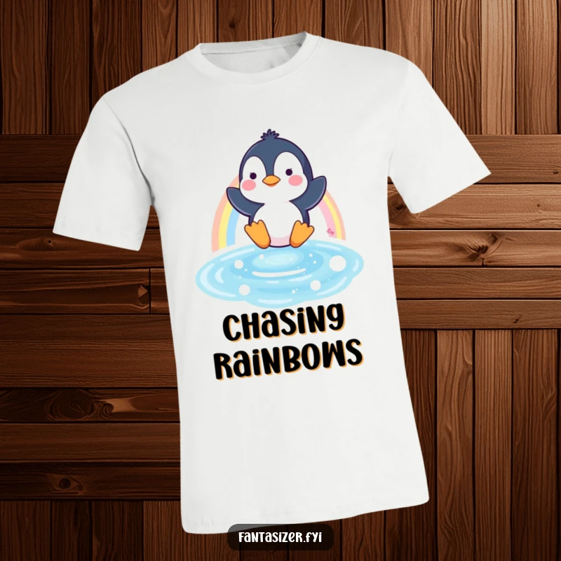 Funny t-shirt with a playful penguin character gleefully sliding down a colorful rainbow, landing in a refreshing pool of water.