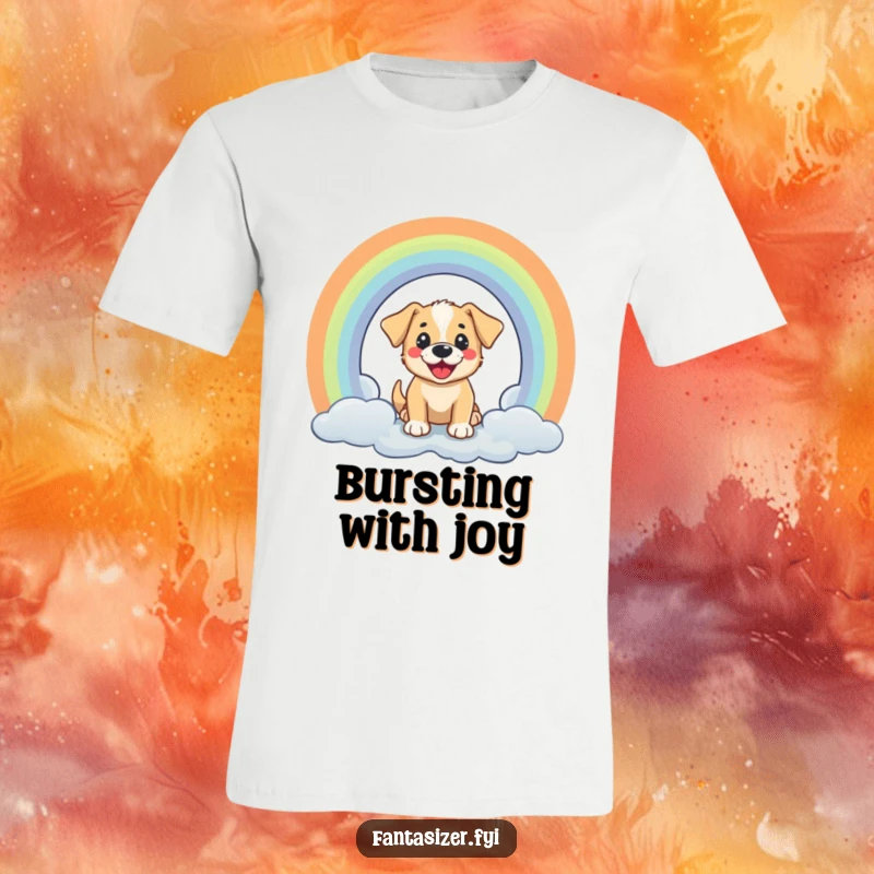 Funny t-shirt: a joyful puppy curiously peeks through a shimmering rainbow portal, full of excitement.