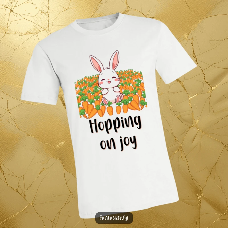 Funny t-shirt depicting a gleeful rabbit in a field overflowing with carrots, a humorous celebration of veggie abundance.