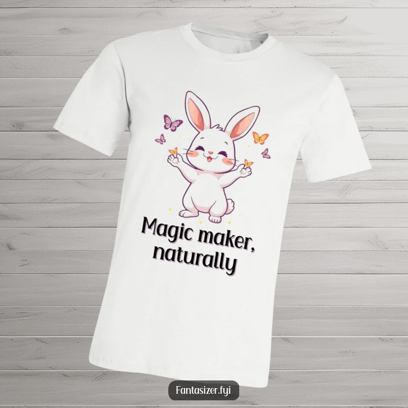 Funny t-shirt showing a playful rabbit character conjuring beautiful, shimmering butterflies from its paws, celebrating enchantment and gentle power.