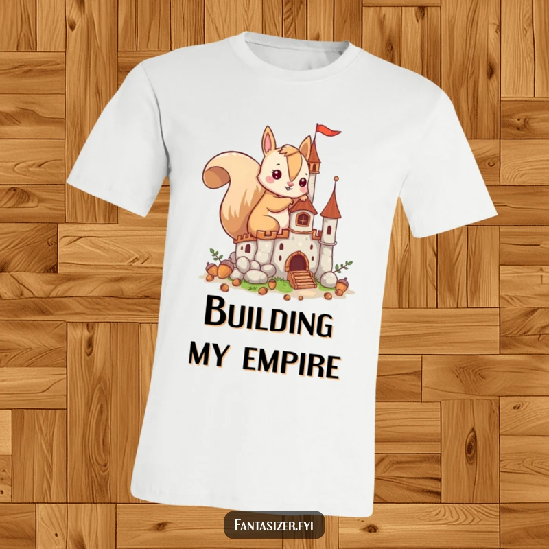 Funny t-shirt featuring an imaginative squirrel character constructing a magnificent castle made entirely out of acorns, celebrating craftsmanship.