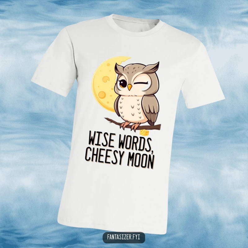 Funny t-shirt depicting a winking owl peeking at a moon made of cheese, a humorous nocturnal scene.