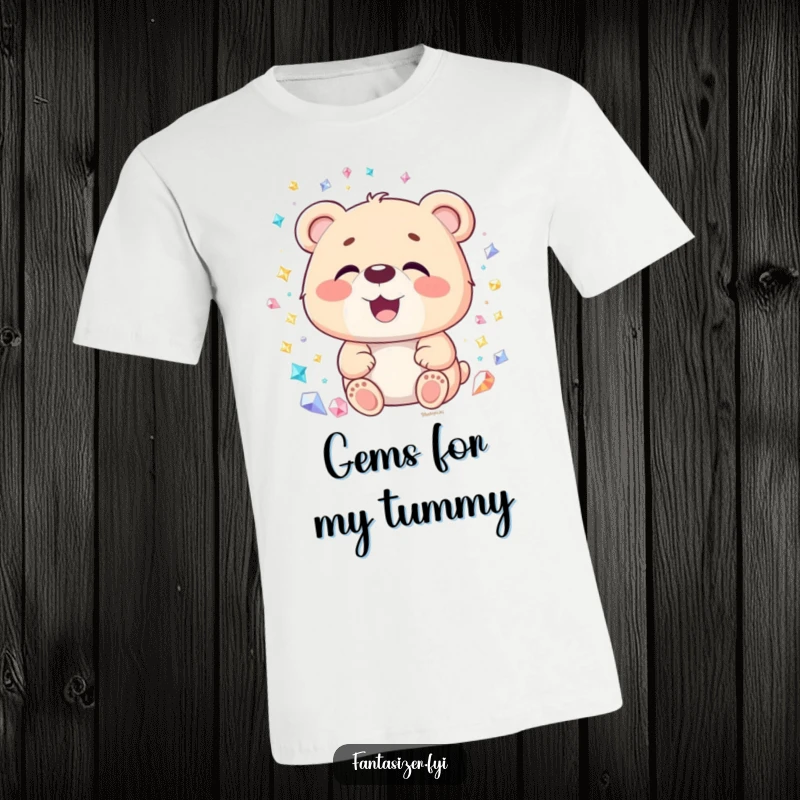 Funny Bear T-Shirt: A delighted bear stares with joy at a sparkling gemstone world, a funny gift for gem lovers.