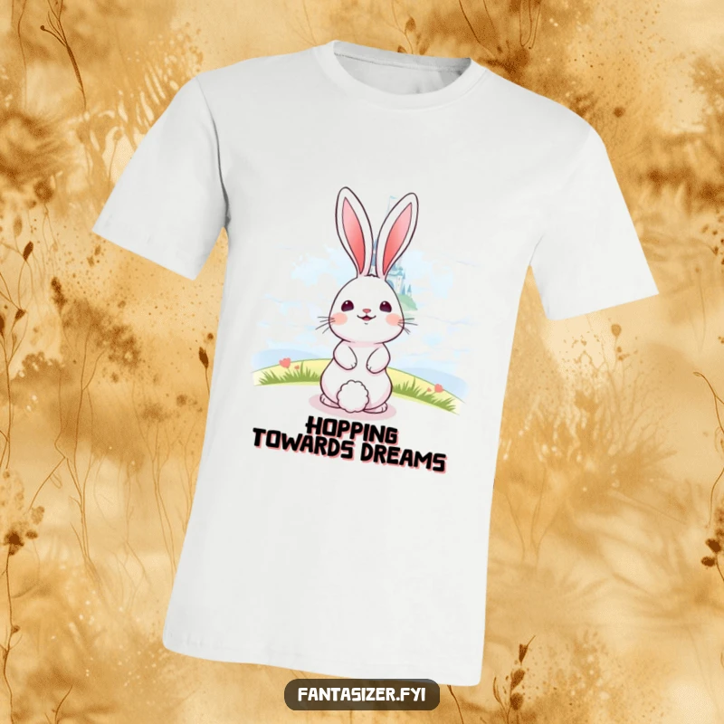 Funny, happy bunny looking towards a beautiful, shimmering castle floating in the clouds, a magical tee.