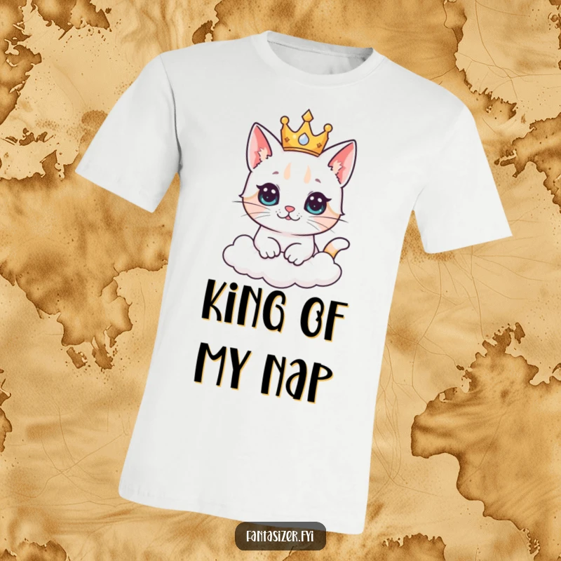Funny cat king t-shirt depicting a curious cat with a crown, imagining ruling a fluffy kingdom of clouds.