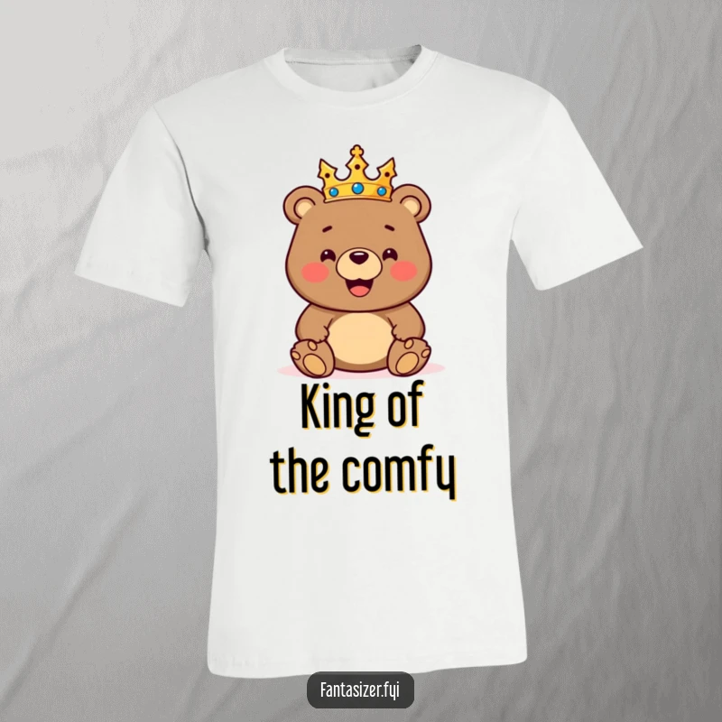 Funny t-shirt with a cheerful bear in a crown presiding over a miniature toy kingdom, embodying playful royalty and joy.