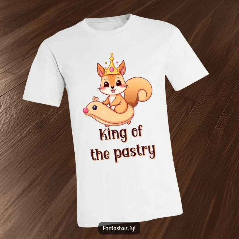 Funny squirrel t-shirt with a whimsical crown riding a majestic, flying pastry, celebrating adventure and sweetness.