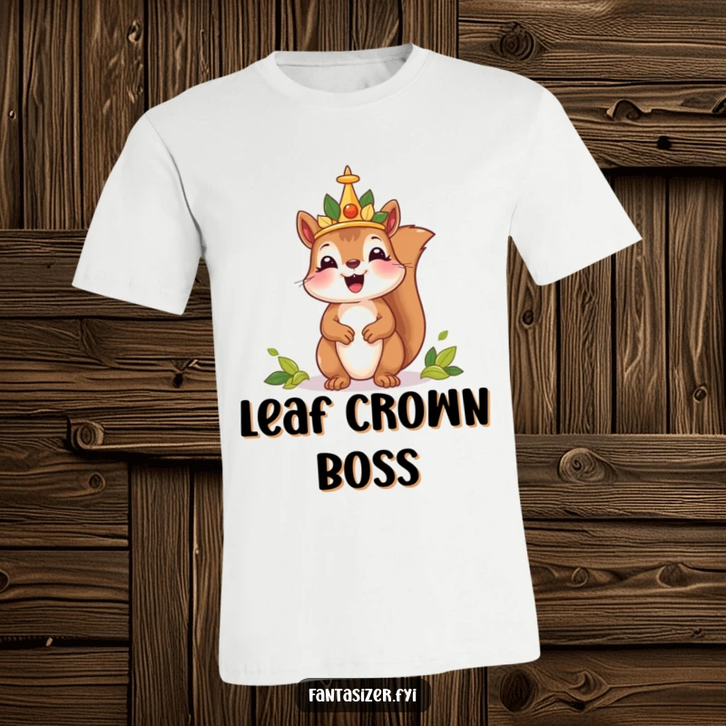 Funny t-shirt showcasing a delighted squirrel king adorned with a natural leaf crown, ruling over a miniature, whimsical kingdom.