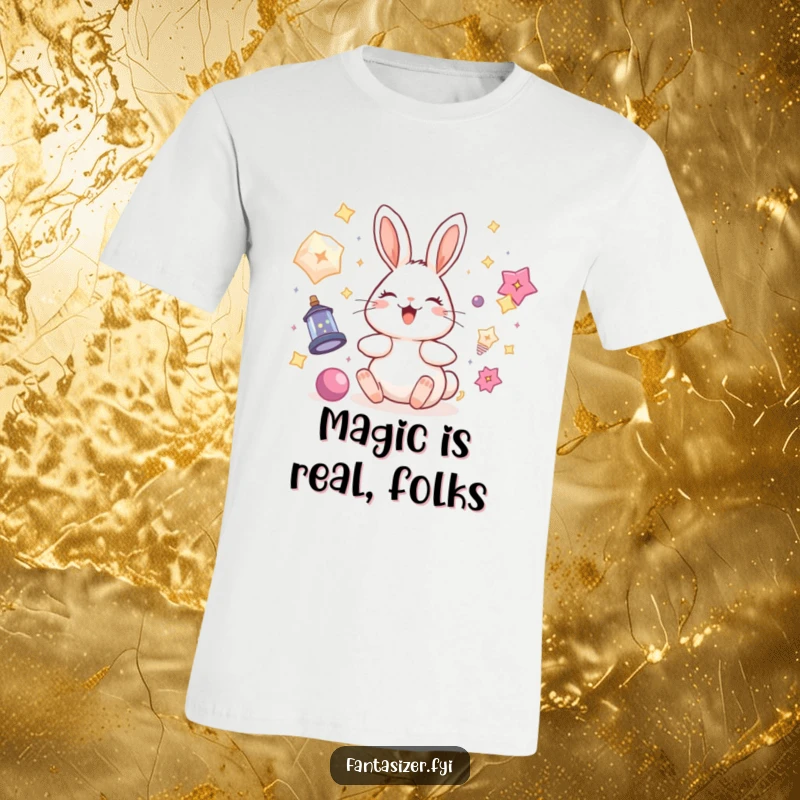 Funny rabbit t-shirt featuring a delighted bunny surrounded by colorful, floating magical items like stars and crystals, a fun gift.