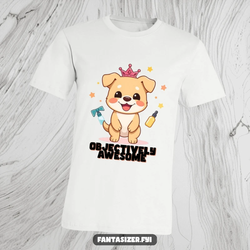 Funny Dog T-Shirt: A joyful dog character magically transforms everyday items into delightful, sparkling treasures, showcasing pure canine bliss.