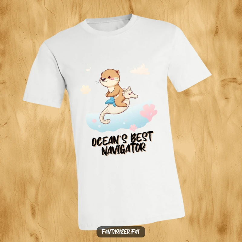 Funny t-shirt featuring a joyful otter gleefully riding a seahorse in a vibrant, dreamlike ocean setting.