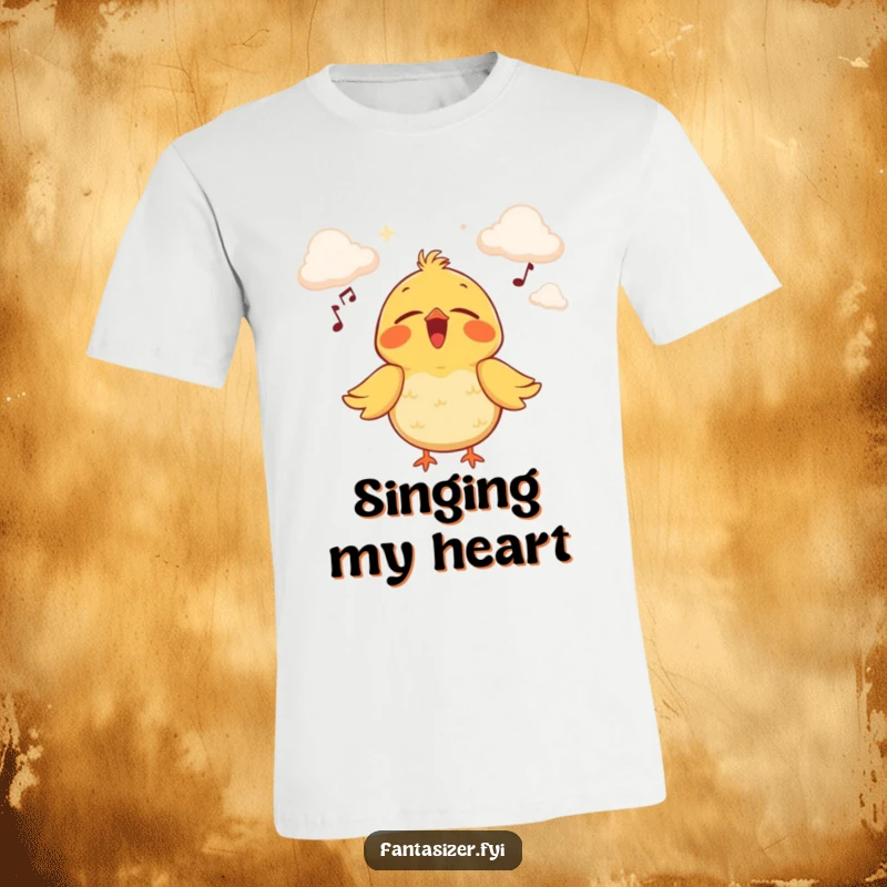 Funny T-shirt showing a joyful bird singing with eyes closed on a cloud stage, embodying imagination and musical passion.