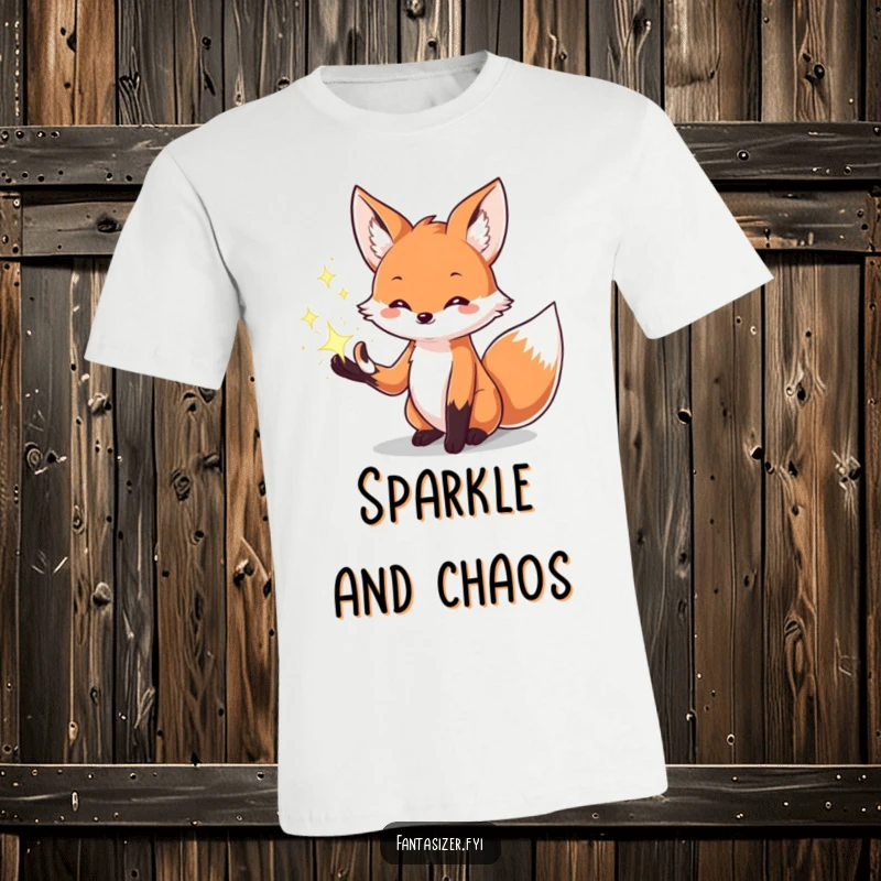 Funny t-shirt featuring a creative fox character conjuring dazzling, sparkling magical effects from its paws, radiating creative energy.