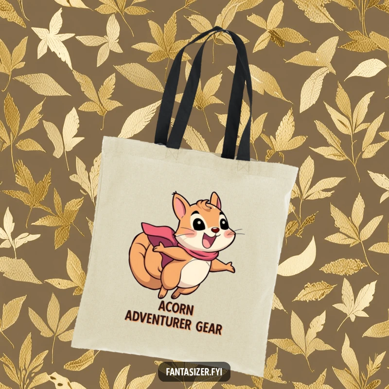 Funny squirrel superhero tote bag featuring an excited squirrel in a cape soaring through the air, perfect for carrying daily essentials.