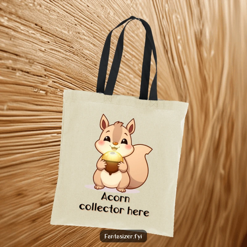 Funny Squirrel Magic Tote Bag, a cheerful squirrel holding a magical acorn that glows softly, perfect for carrying enchanted items.