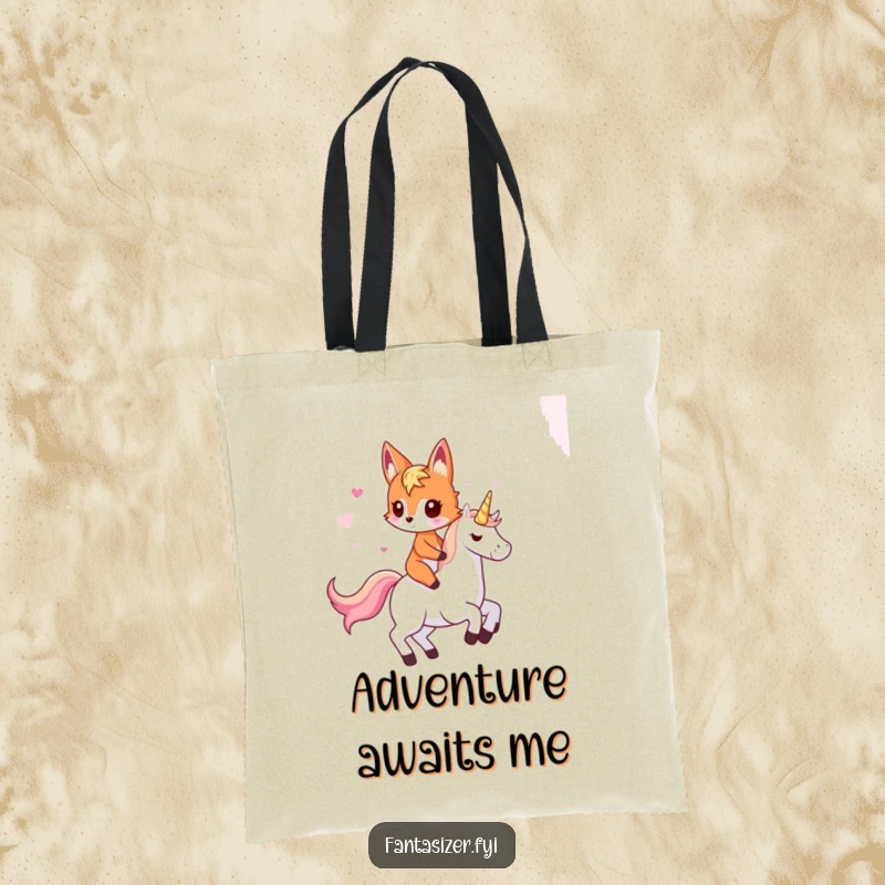Funny fox tote bag featuring an imaginative fox riding a unicorn, a charming and humorous accessory for fantasy lovers.