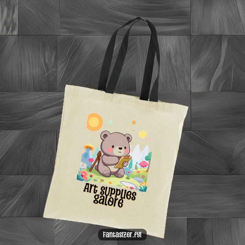 Funny Bear Tote Bag: A whimsical bear paints a vibrant, otherworldly landscape, perfect for carrying art supplies.