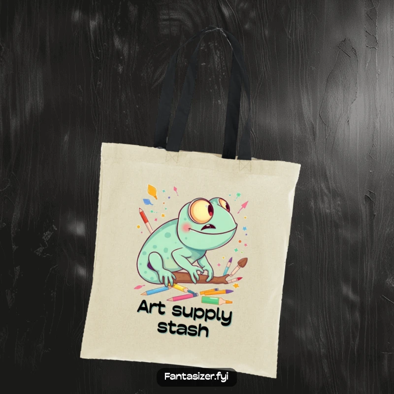 Funny giggling chameleon imagining a world made of colorful art supplies, a practical and artistic tote bag.