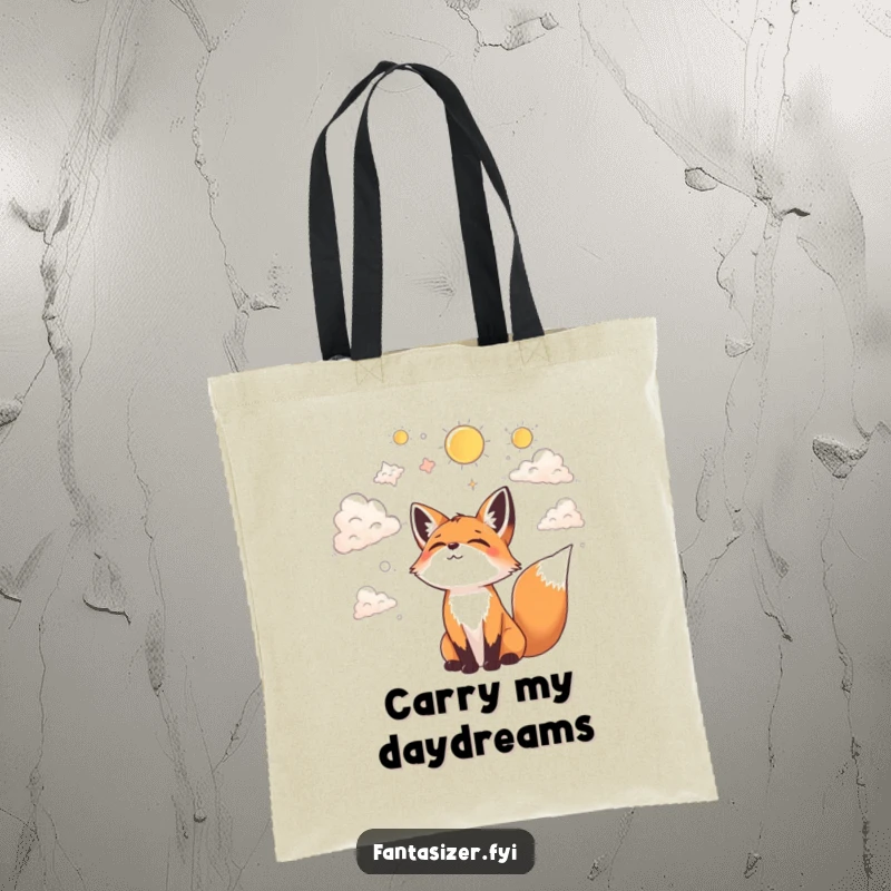 Funny tote bag featuring a joyful fox looking up at the clouds, imagining fantastical shapes, perfect for dreamers.