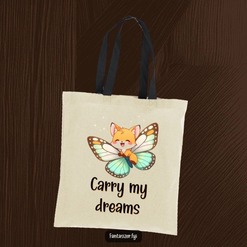 Funny fox cub tote bag, a cub flying on a butterfly, perfect for carrying daily items with magical humor.