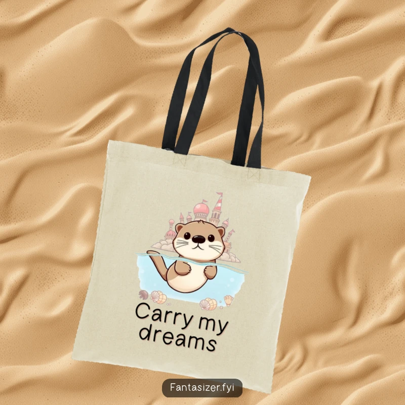 Funny Otter Dreamer Tote Bag, featuring a determined otter swimming towards a city built from seashells, symbolizing ambition.