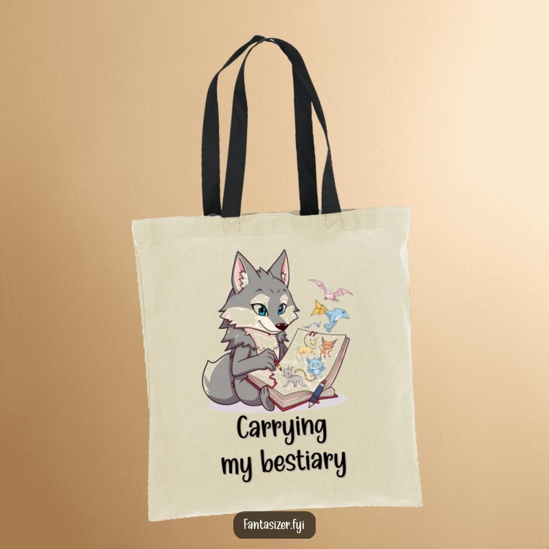 Funny wolf character sketching fantastical creatures on a durable tote bag, a humorous and practical art accessory.