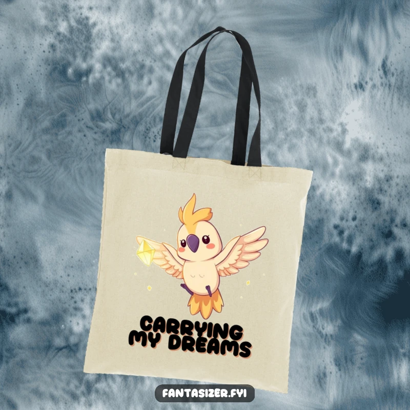 Funny parrot character flying towards a glowing dream crystal on a durable tote bag, a humorous and stylish accessory.