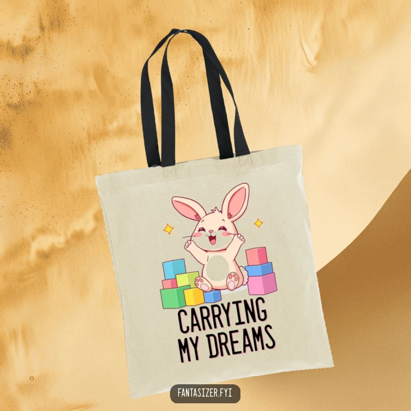 Funny tote bag with a happy bunny with paws raised, imagining a world built of colorful blocks.
