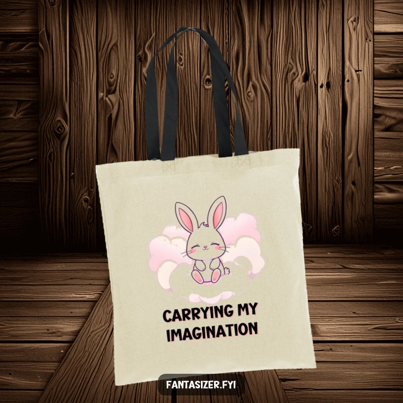 Funny bunny tote bag with eyes closed, imagining floating amongst giant, candy-colored clouds, a dreamy and cute accessory.