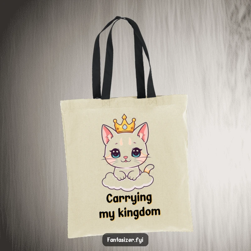 Funny cat king tote bag with a crowned cat dreaming of ruling a fluffy kingdom in the clouds, practical and regal.