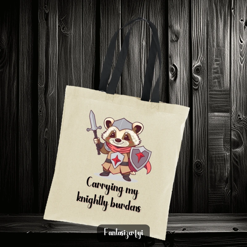 Funny tote bag with a determined badger knight, perfect for carrying daily items with heroic and humorous flair.