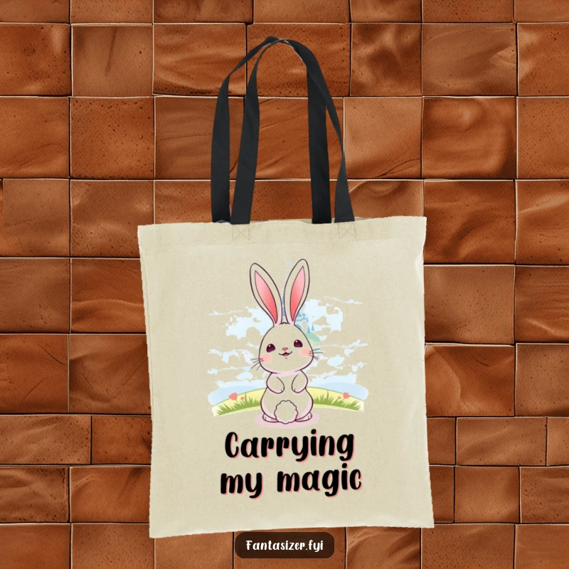 Funny happy bunny gazing at a shimmering castle in the clouds, a practical and magical tote bag.
