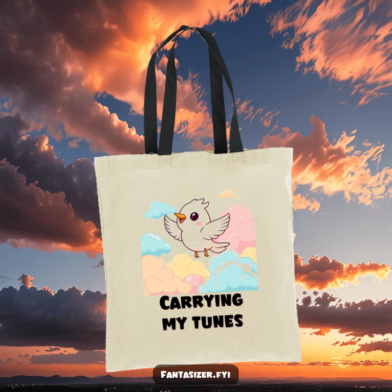 Funny tote bag featuring a delighted bird character soaring joyfully through a vibrant, cloud-filled sky, perfect for carrying daily essentials.