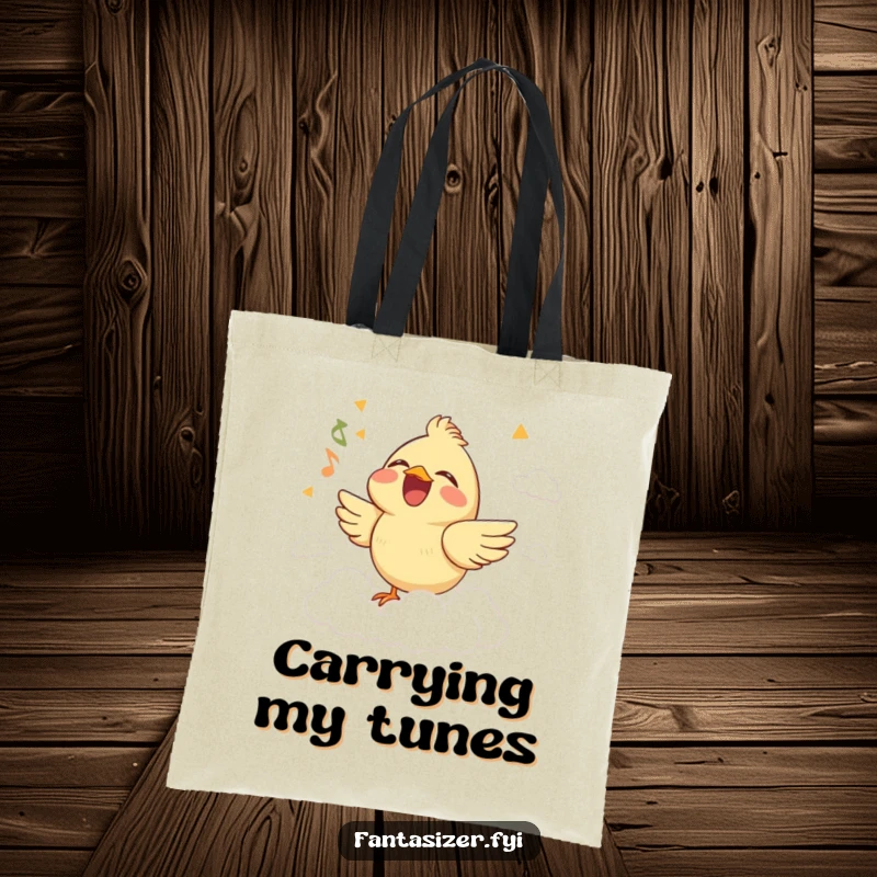 Funny tote bag with a joyful bird singing with closed eyes on a cloud stage, perfect for carrying music gear or daily items.