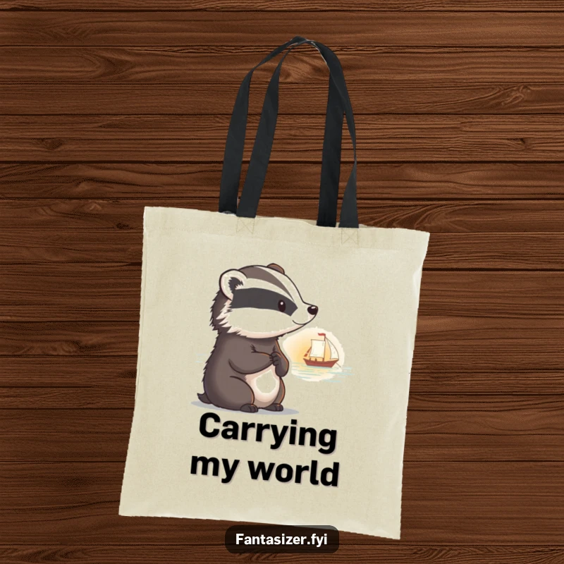 Funny tote bag featuring a thoughtful badger with a faraway look, watching a boat sail into a beautiful sunset.